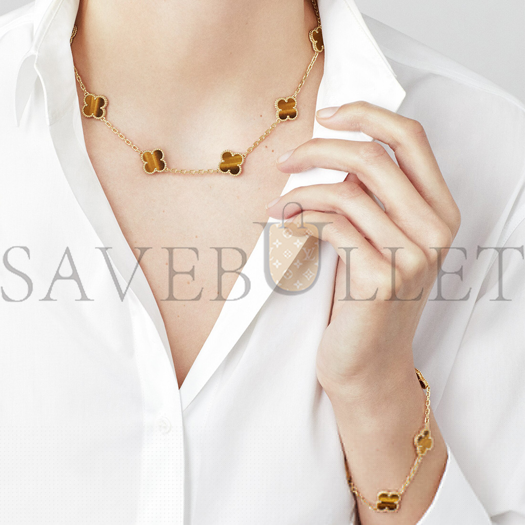 V*N CL*F arpels vintage alhambra necklace, 10 motifs - yellow gold, tiger eye  vcard40700